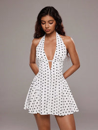 Ladies' summer sexy polka dot print backless hanging neck mini dress
