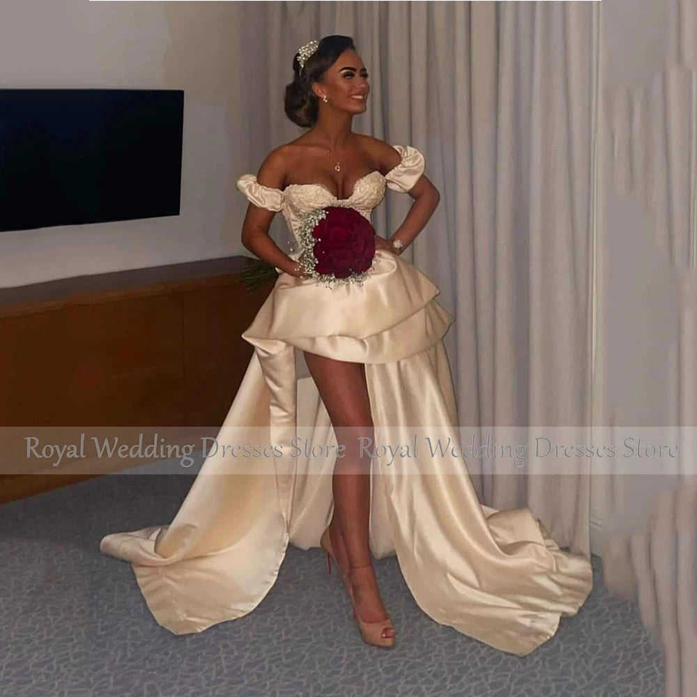 Off The Shoulder Champagne Satin Cocktail Dress For Women Mini Short Cocktail Gown Appliques Party Gown Sleeveless With Train