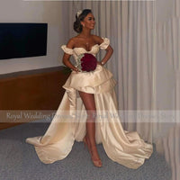 Off The Shoulder Champagne Satin Cocktail Dress For Women Mini Short Cocktail Gown Appliques Party Gown Sleeveless With Train