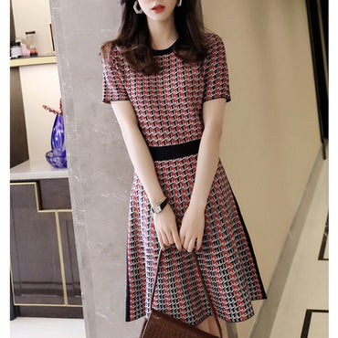 Sexy 2022 Summer Plaid Knitted Dress Female Vintage Fashion O-Neck Short sleeve A-Line Dress