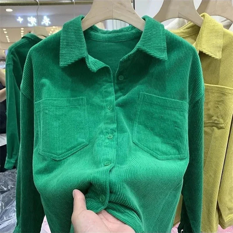 Solid Color Spring Female Corduroy Shirt Coat Women Leisure Long Sleeved Cardigan Blouse Jackets Ladies New Fashion Outwear