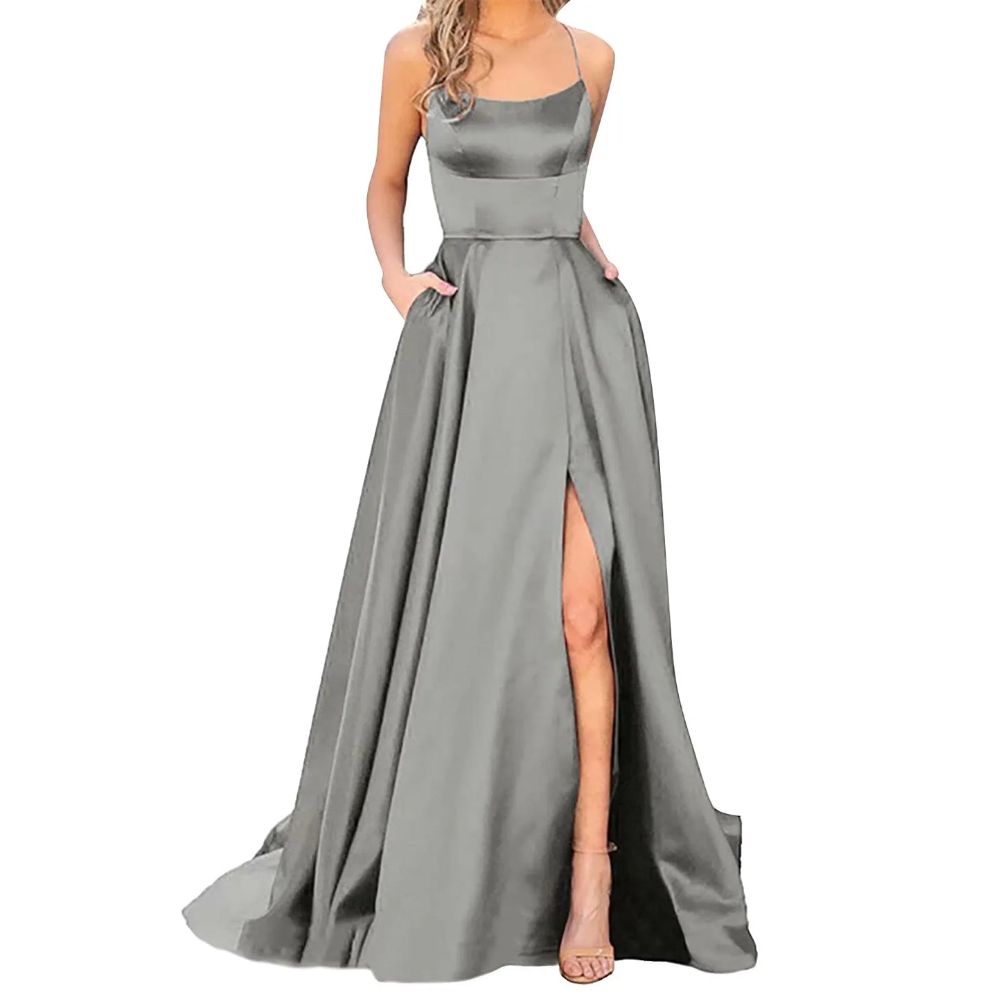 Wedding Dresses Prom For Women Sexy Satin Spaghetti Strapbackless Side Slit Tunic Slip Dress Female Party Evening Long Dress