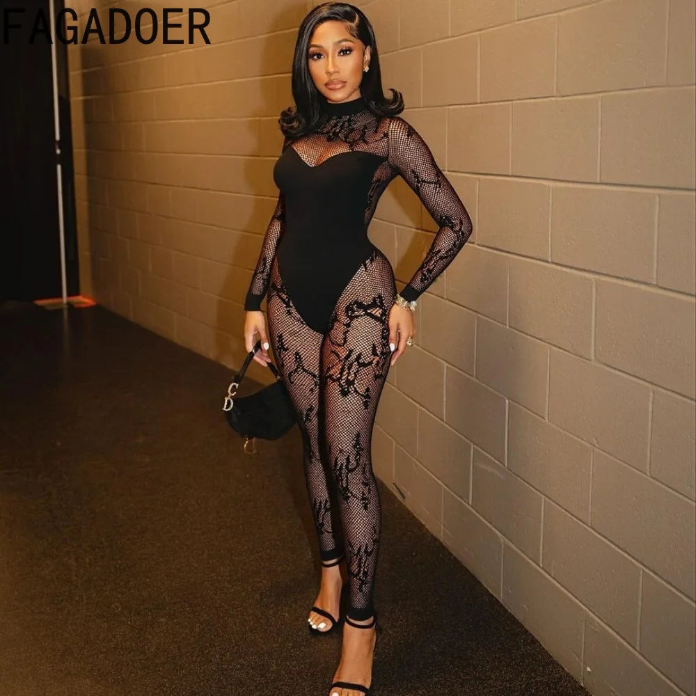 FAGADOER Summer New Sexy Quality Lace Bodycon Jumpsuit Women Hollow Out See Through Backless Romper Female Streetwear Overalls