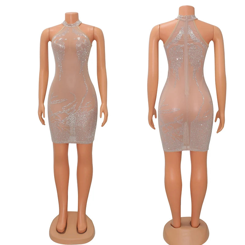 Mesh Sheer See Through Sexy Party Dress for Women Party Club Night Mini Bodycon Dress Luxury Rhinestone Sparkly Birthday Dress