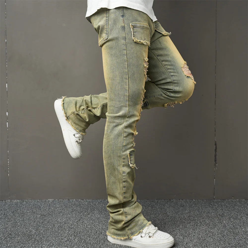 Vintage Style Men Streetwear Holes Spliced Slim Jeans Trousers Hip hop Stylish Distressed Stretch Denim Pants For Male