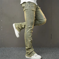 Vintage Style Men Streetwear Holes Spliced Slim Jeans Trousers Hip hop Stylish Distressed Stretch Denim Pants For Male