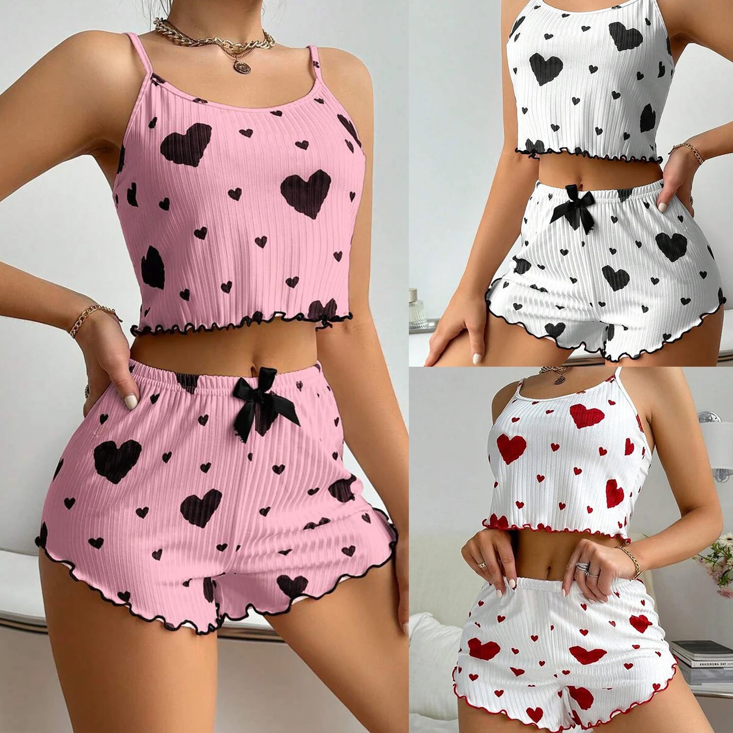 Women's Pajamas Set Summer 2PCS Sling Vest with Shorts 2026 Newly Love Heart Print Spaghetti Strap Camisole Sleepwear for Girls
