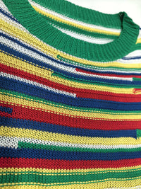 Multi-color rainbow-striped knitted round-neck short-sleeved dress, suitable for various daily outfits, elegant and casual women
