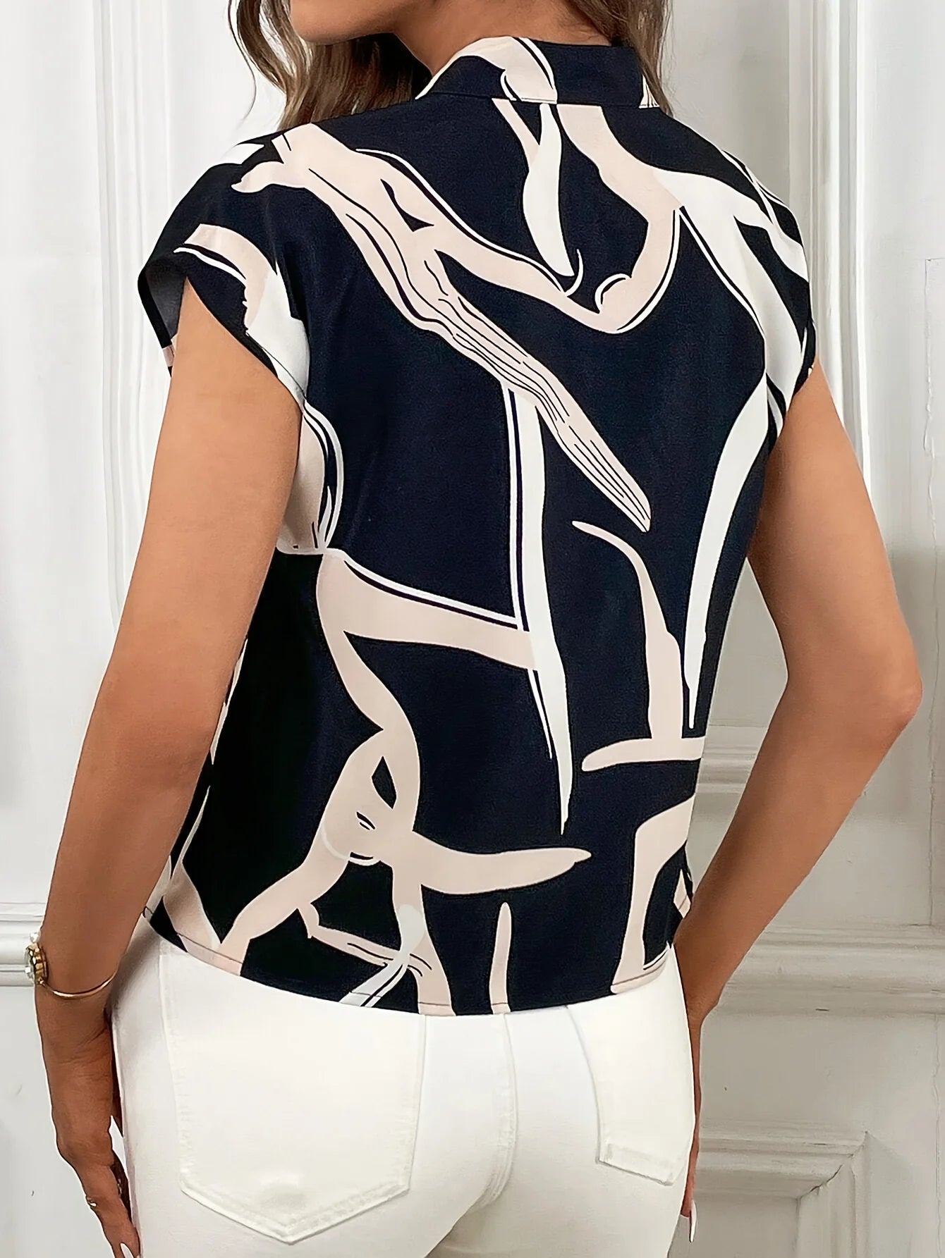 Brush Print Tie Neck Blouse, Elegant Short Sleeve Top For Spring & Summer, Women's Clothing