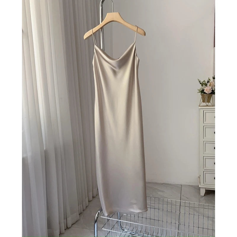 Ele Satin Acetate ter Dr Women's Smooth Glossy Tee-Vein Neline Strapl Midi Skirt Four Colors Available