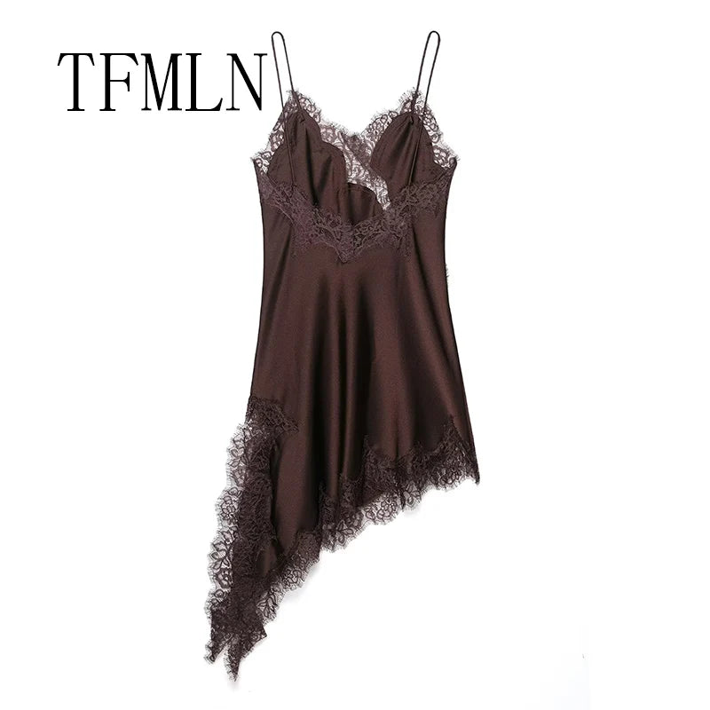 TFMLN Women Sexy Lace Splicing Dresses Summer Solid Sleeveless Asymmetry Dress Backless Slim Women's  Party Sling Mini Dress