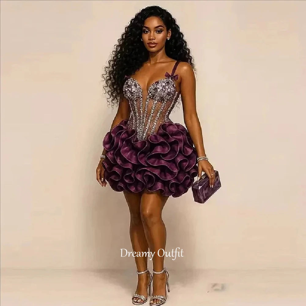 Dreamy Customized Prom Dresses Formal Party Gowns Short With Spaghetti Straps Beads Bows Crystals Tiered Sexy Birthday Dress