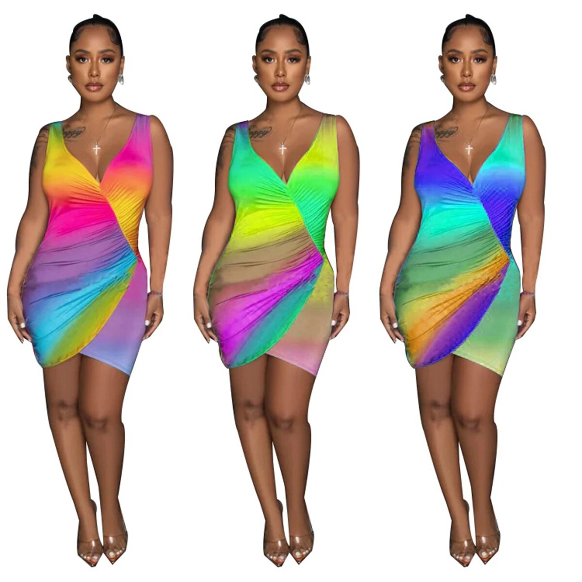 Tie Dye Summer Bodycon Dress Women Bulk Clothing V Neck Sheath Slim Ruched Night Club Party Mini Dress Clubwear Short Sexy Dress