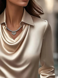 Spring and Autumn Plus-Size Long-Sleeved Satin Shirt, Round Neck with Pleated Draped Collar, Elegant and Stylish Office and Outdoor Wear Top