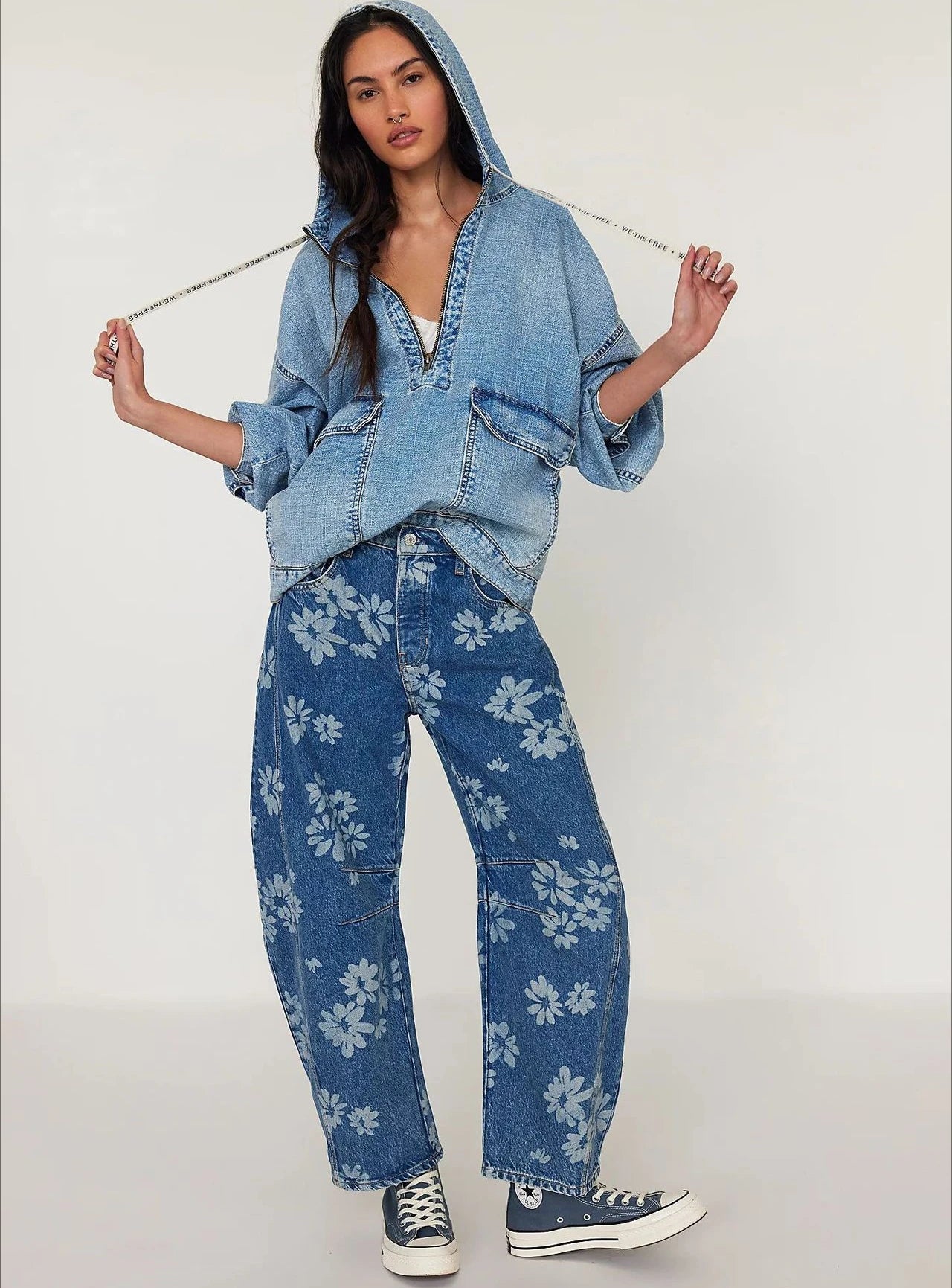 Boho Beach Blue Cotton Denim Jeans For Women Pants Casual loose Mid Waist Tube Shaped Women's Jeans Floral Printed Baggy Jeans