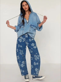 Boho Beach Blue Cotton Denim Jeans For Women Pants Casual loose Mid Waist Tube Shaped Women's Jeans Floral Printed Baggy Jeans