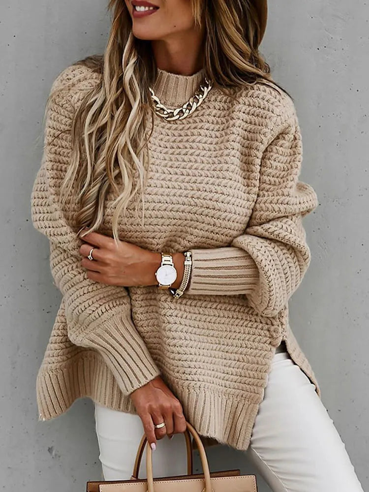 Autumn Winter Women Knitted Sweater Mock Neck Casual Loose Basic Pullovers Warm Elegant Solid Batwing Sleeve Side Split Tops