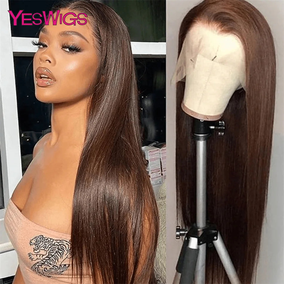 36 Inch Bone Straight Chocolate Brown 13x6 Lace Frontal Wigs 100% Brazilian Virgin Hair Pre Plucked Glueless Wigs Human Hair Wig