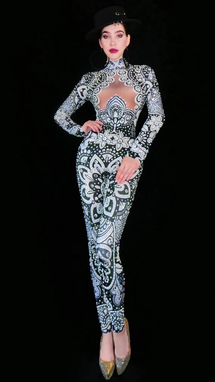 Sexy Modern dance  Rhinestones Jumpsuit Long Sleeves Bodysuit