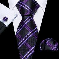 Barry.Wang Plaid Silk Men Tie Hanky Cufflinks Set Checked Jacquard Necktie for Male Formal Casual Wedding Business Party Events