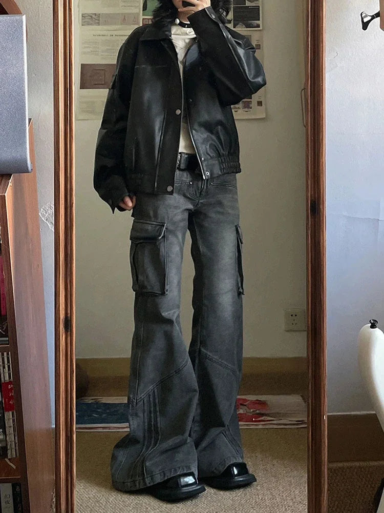 CJFHJE American Retro Bell Bottoms Washed Black Low Waist Slim Flare Jeans Women Fashion Cozy Denim Trousers Hiphop High Street