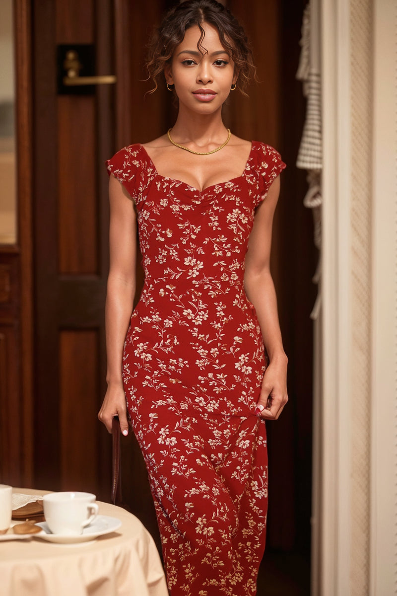 Retro V-neck Hip Red Small Floral Women's Summer Holiday Skirt