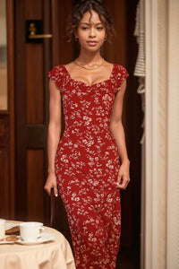 Retro V-neck Hip Red Small Floral Women's Summer Holiday Skirt