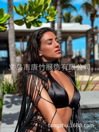 Leosoxs Hand Crochet Knitted Women Bikini Cover Ups Summer Holiday Tassel Beach Bathing Suit Sexy Hollow Out Skirts Matching Set