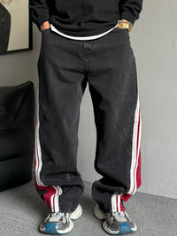 Korean Popular Clothes Hip Hop Baggy Jeans For Men Trendy Patchwork Black Jeans Streetwear Skateboard Striped Pants Trousers
