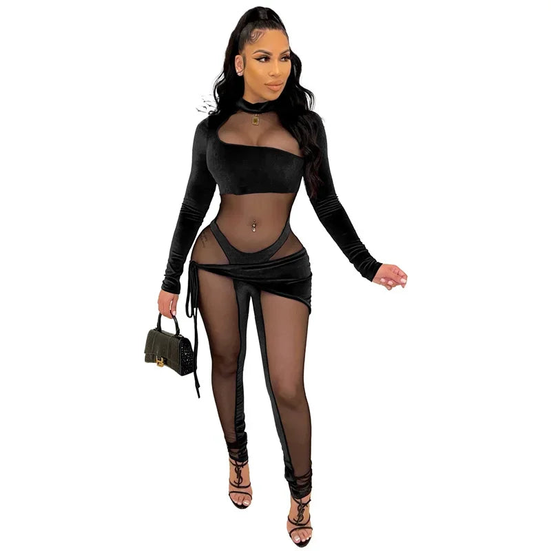 Sexy See-through Mesh Patchwork Velvet Jumpsuit Women Clubwear Long Sleeve Rompers Womens Jumpsuit Bodycon Overalls for Women