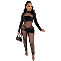 Sexy See-through Mesh Patchwork Velvet Jumpsuit Women Clubwear Long Sleeve Rompers Womens Jumpsuit Bodycon Overalls for Women