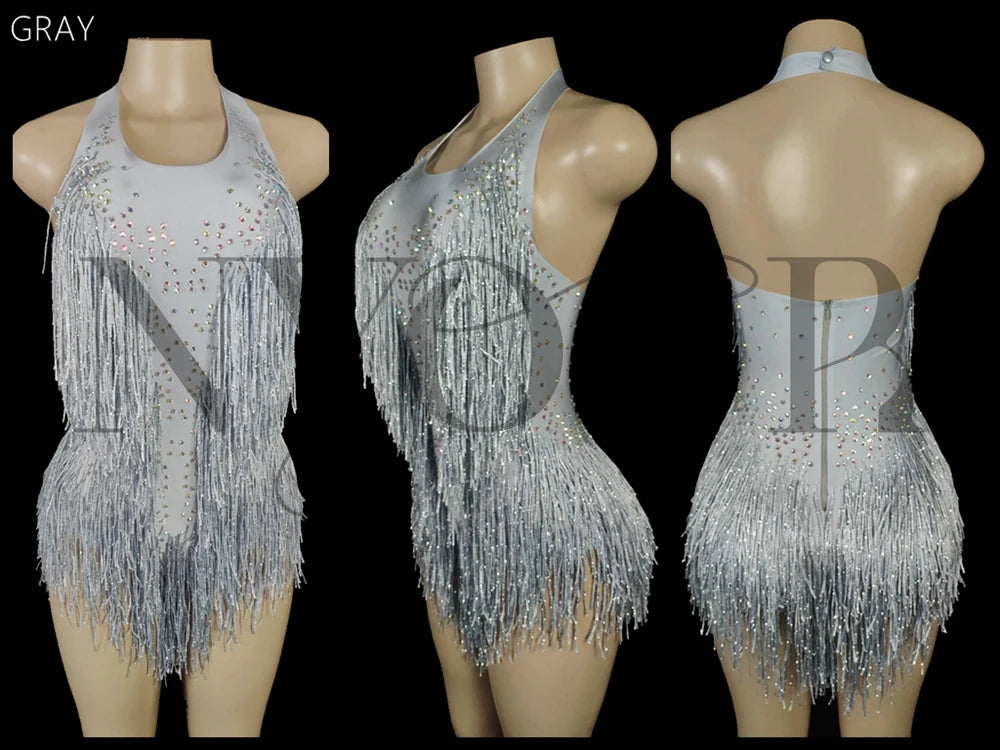 Sparkly Rhinestones Fringes Leotard Women Nightclub Party Outfit Dance Costume One-piece Stage Wear Sexy Performance Bodysuit
