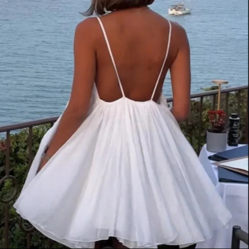 2026 Women White Big Backless Sling Dress O neck Back Zipper Loose Swing Mini Short Dresses Holiday Robe