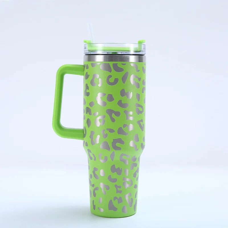 Stainless Steel Vacuum Insulated Car Mug, High Capacity Thermos Cup, Handle Straw Lid, Double Wall Thermal Iced Travel Cup, 40oz