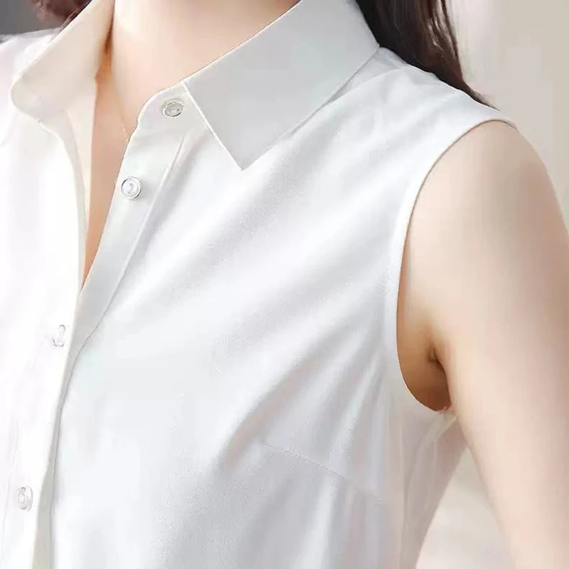 Elegant Lapel Button Solid Color Sleeveless Shirts Women's Clothing 2025 Summer New Loose Chic Tank Top Office Lady Blouses