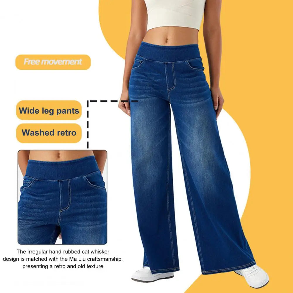 Women Sporty Jeans Streetwear High Waist Flared Jeans With Waistband Loose Straight Denim Pants For Women Fashionable Skinny