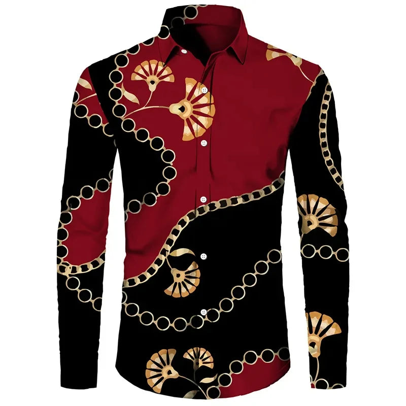 Fashion Luxury Golden Flower Print Men's Shirts Baroque Style Short/Long Sleeve Lapel Button Up Tops Social Hawai Party Cardigan