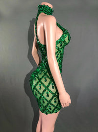 Sparkly Rhinestones Short Dress for Women Sexy Mesh Transparent Celebrate Evening Prom Event Birthday Dress Photo Shoot Wear