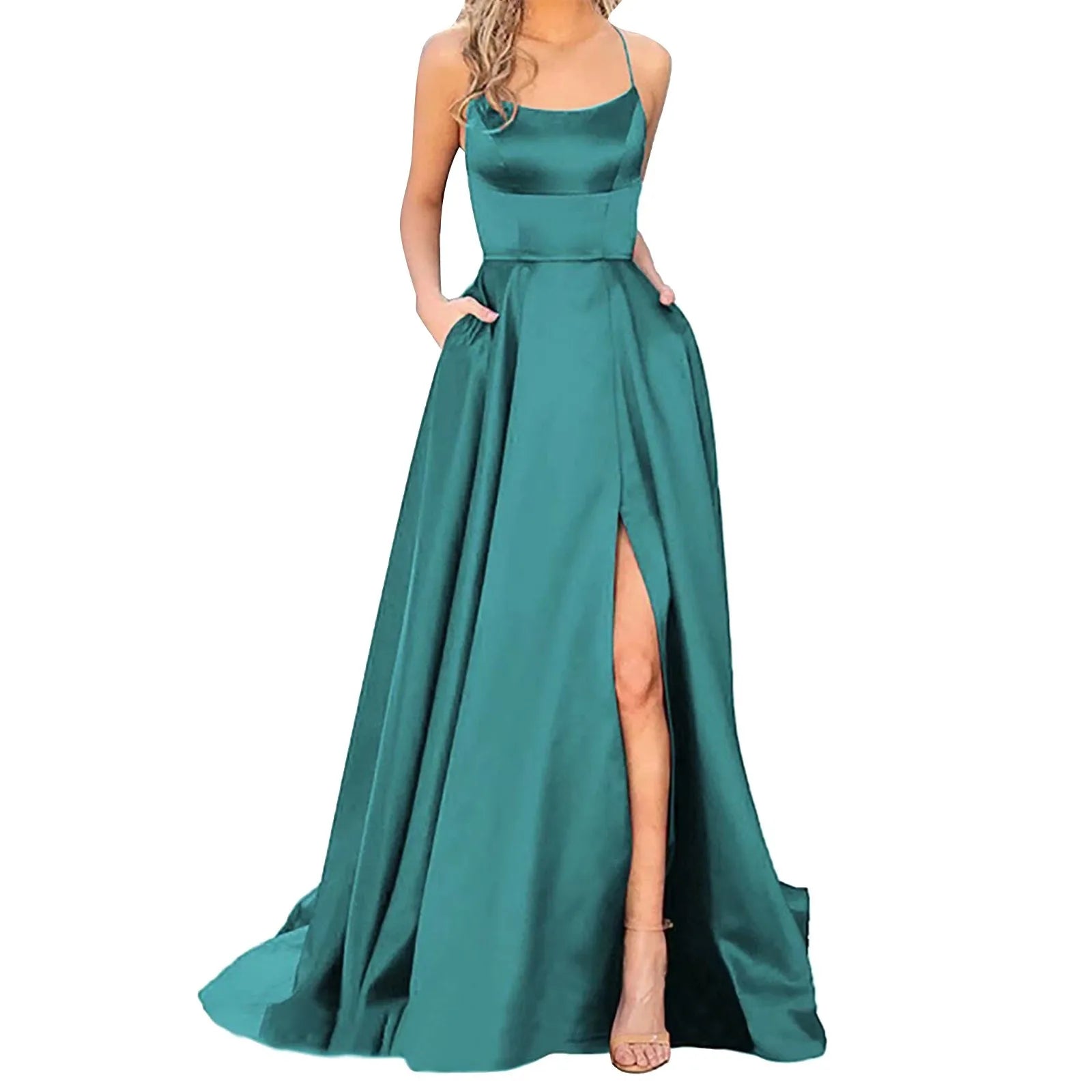 Wedding Dresses Prom For Women Sexy Satin Spaghetti Strapbackless Side Slit Tunic Slip Dress Female Party Evening Long Dress