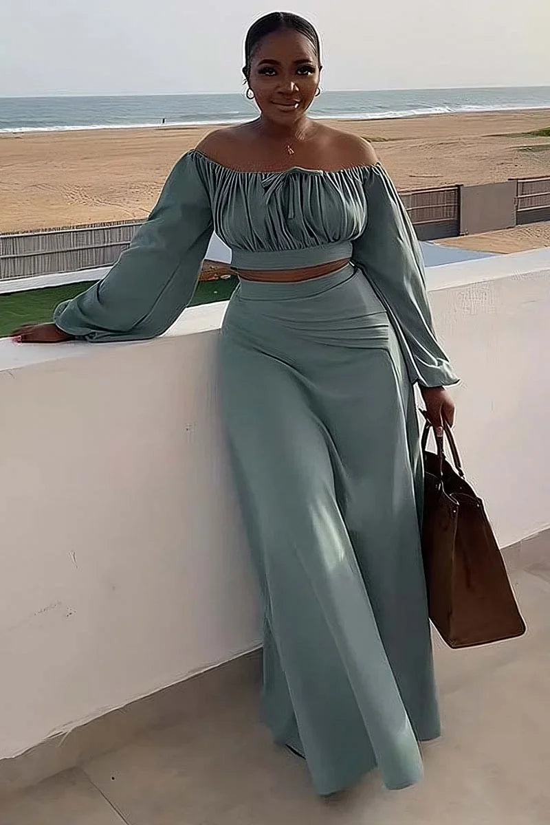 Fashion Sexy Off Shoulder Long Sleeve Ruched Crop Top High Slit Maxi Skirt Matching Set for Women