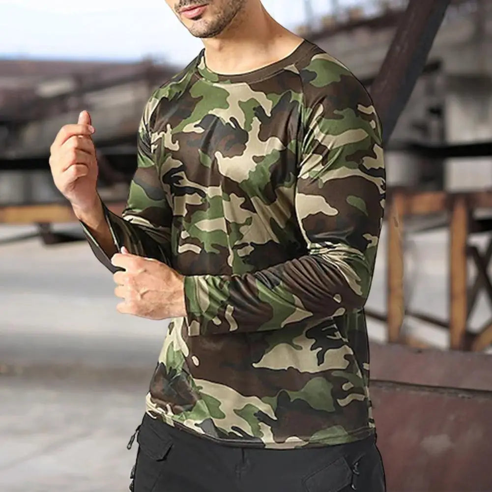 Pullover T-shirt O-neck Long Sleeve Solid Color Camouflage Print Men Top Outdoor Sport Elastic Slim Fit Autumn T-shirt