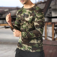 Pullover T-shirt O-neck Long Sleeve Solid Color Camouflage Print Men Top Outdoor Sport Elastic Slim Fit Autumn T-shirt
