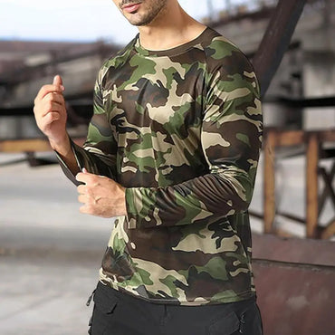 Pullover T-shirt O-neck Long Sleeve Solid Color Camouflage Print Men Top Outdoor Sport Elastic Slim Fit Autumn T-shirt