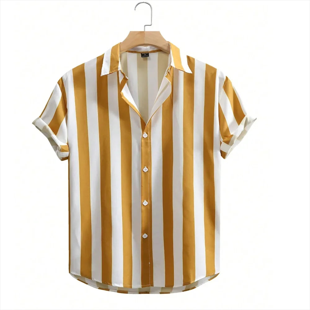 2024 men's shirt button shirt summer shirt 8 color short -sleeved striped striped lapel fashion Hawaiian casual beach shirt