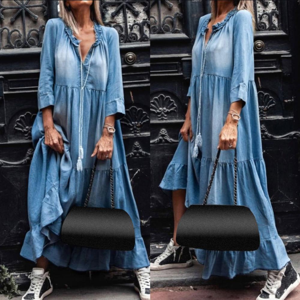 Loose Women 3/4 Sleeve Dress Vintage Tassel Plus size dress Denim apparel autumn Lace V Neck Large Hem Maxi Denim Dress