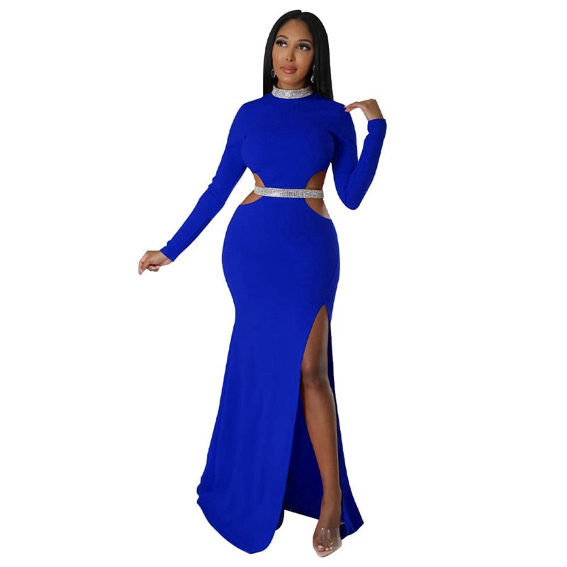 Female Autumn Winter Long Maxi Dress Cutout Waist High Side Split Long Sleeve Dresses Vestidos Sexy Elegant Party Clubwear