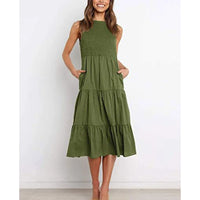 2023 Women Casual Sleeveless Dress Summer Outfits Smocked Tiered A-Line Large Swing Sundress Elastic Waist Solid Color Y1QD