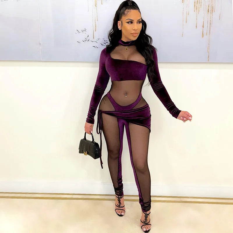 Sexy See-through Mesh Patchwork Velvet Jumpsuit Women Clubwear Long Sleeve Rompers Womens Jumpsuit Bodycon Overalls for Women