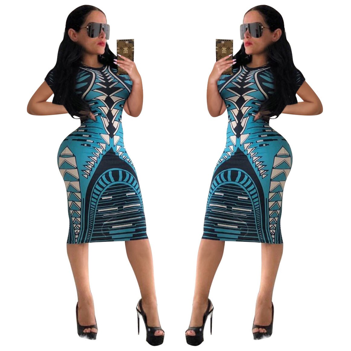 Multicolor Print Novelty Bodycon Sheath Dress Women Summer Long Sleeve Knee-Length Casual Dresses Elegant Slim Midi Robe Femme