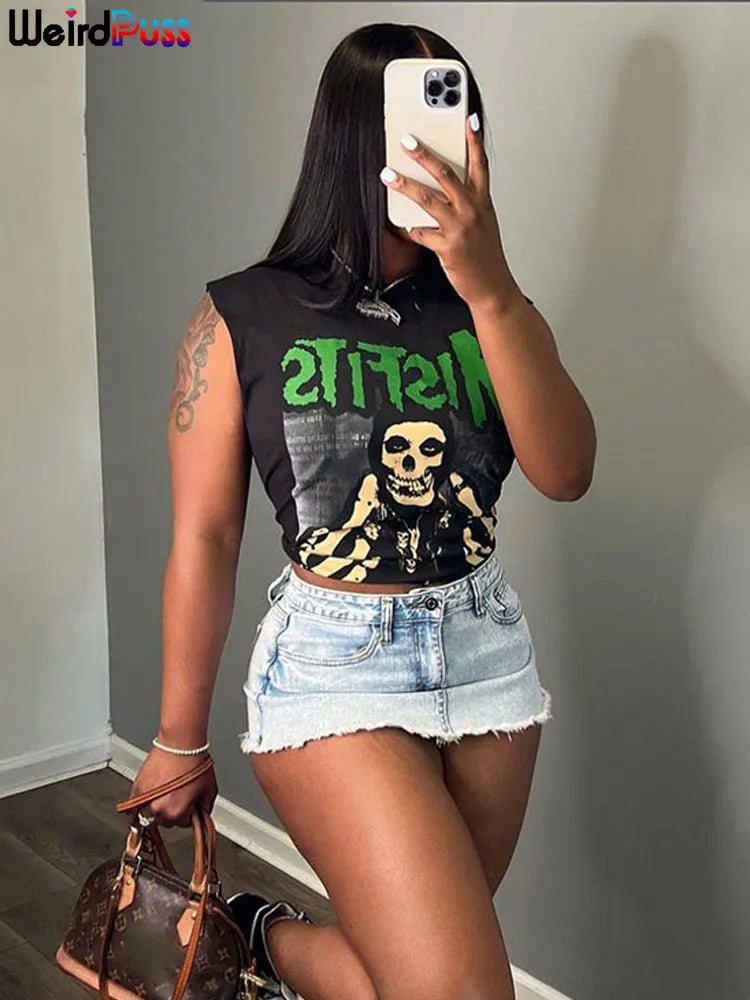 Weird Puss Halloween Style Women Crop Tops Skull Letter Print O Neck Sleeveless Causal Basic Vest Festival Party Y2K Streetwear